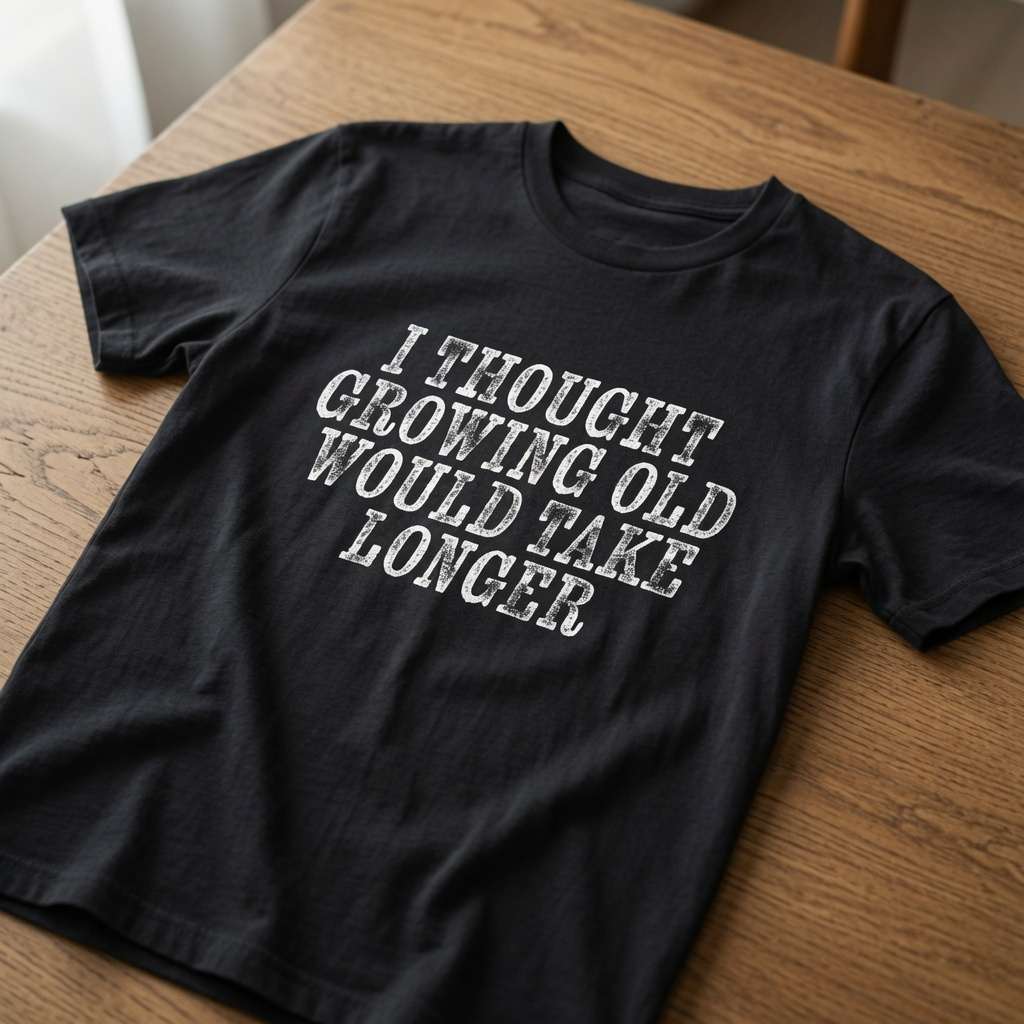 Black I Thought Growing Old Would Take Longer t-shirt on wood, mens funny witty slogan (women’s cut)