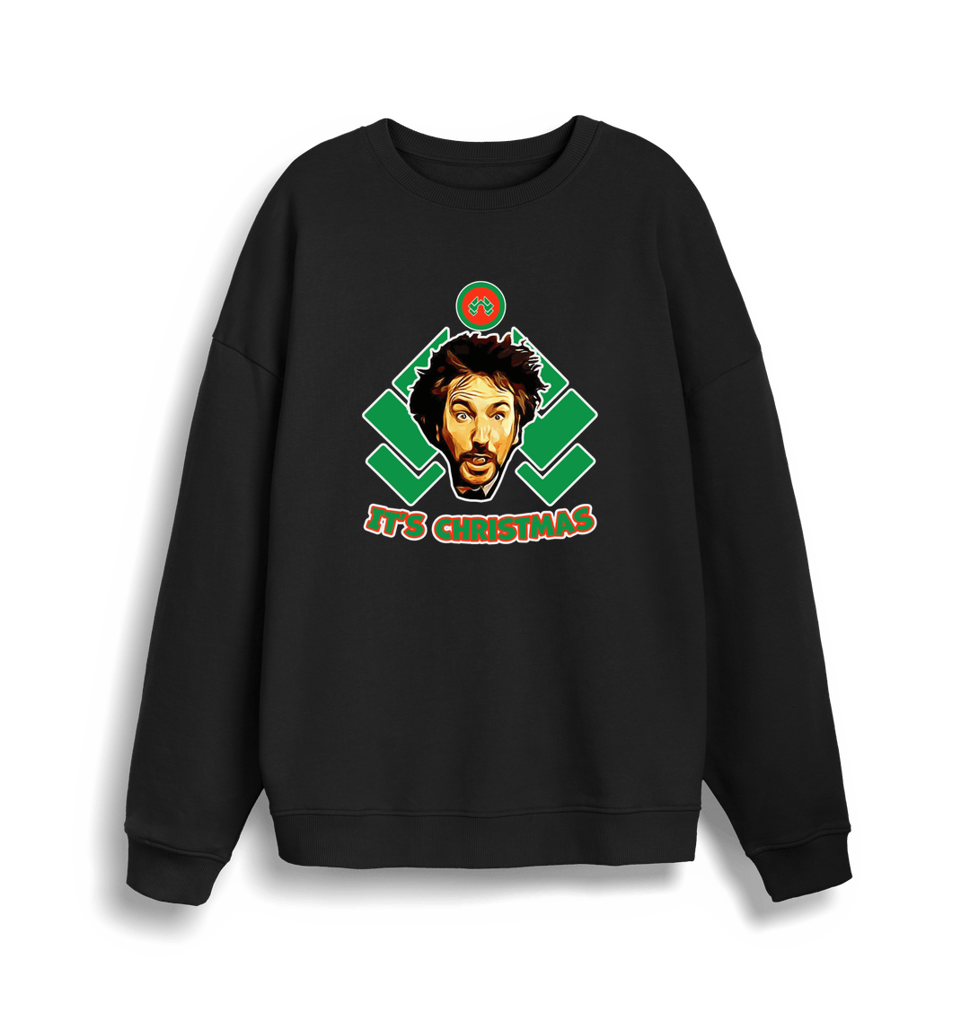 black christmas sweater with a graphic of die hards gruber and the slogan 'it's christmas'