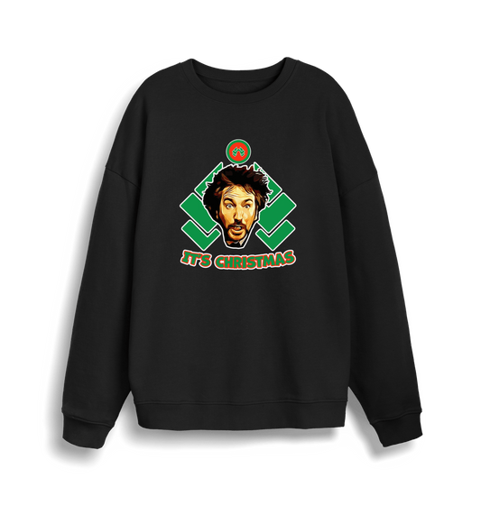 black christmas sweater with a graphic of die hards gruber and the slogan 'it's christmas'