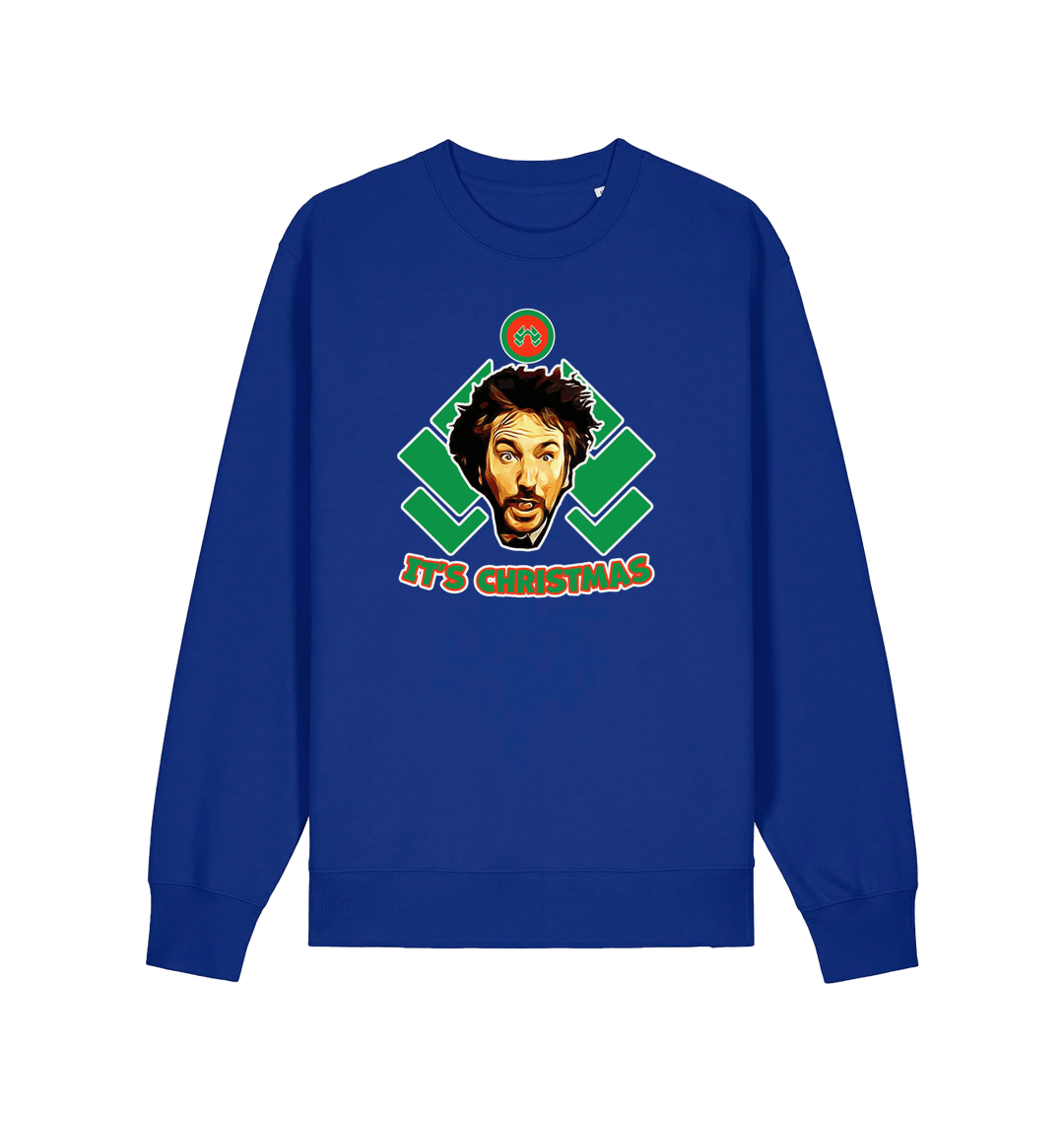 blue christmas sweater with a graphic of die hards gruber and the slogan 'it's christmas'