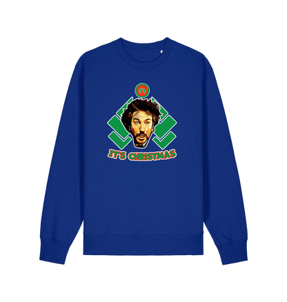 blue christmas sweater with a graphic of die hards gruber and the slogan 'it's christmas'