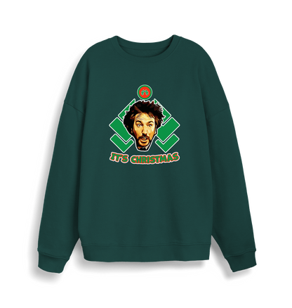 green christmas sweater with a graphic of die hards gruber and the slogan 'it's christmas'
