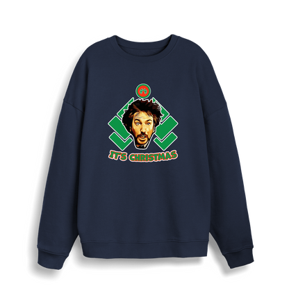 navy christmas sweater with a graphic of die hards gruber and the slogan 'it's christmas'