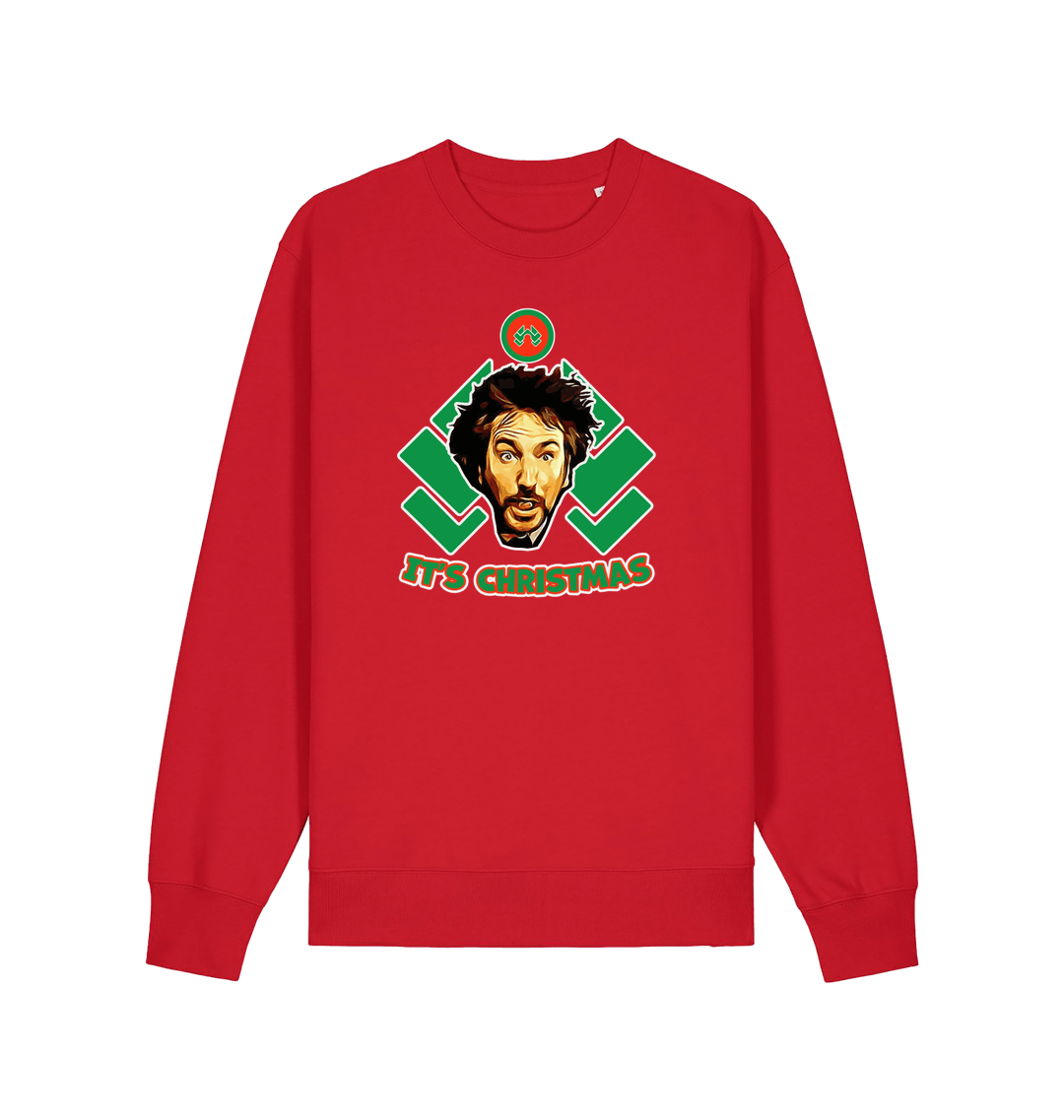 red christmas sweater with a graphic of die hards gruber and the slogan 'it's christmas'