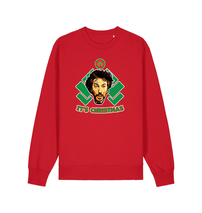 red christmas sweater with a graphic of die hards gruber and the slogan 'it's christmas'