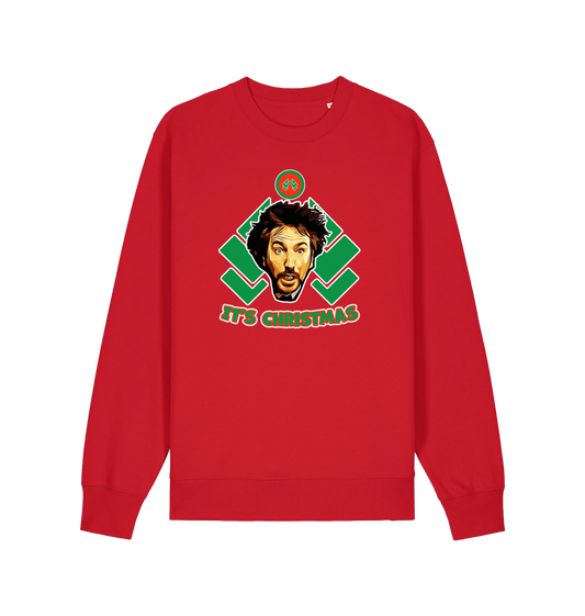 red christmas sweater with a graphic of die hards gruber and the slogan 'it's christmas'