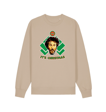 sand christmas sweater with a graphic of die hards gruber and the slogan 'it's christmas'