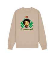 sand christmas sweater with a graphic of die hards gruber and the slogan 'it's christmas'
