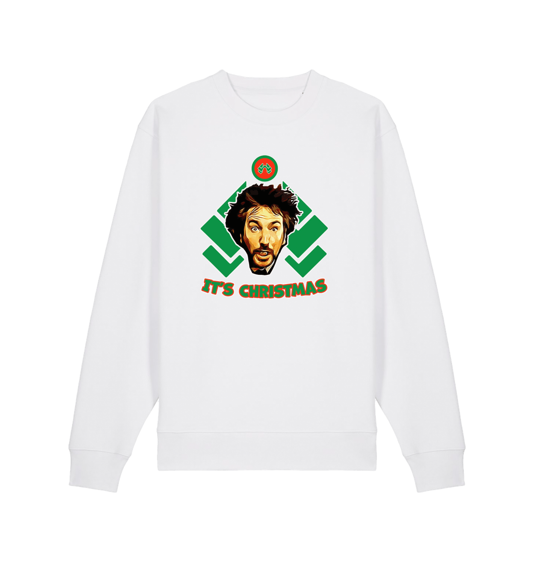 white christmas sweater with a graphic of die hards gruber and the slogan 'it's christmas'