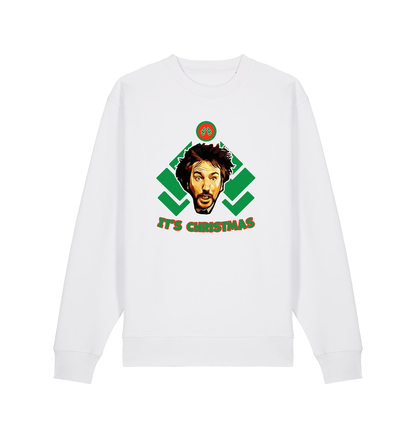 white christmas sweater with a graphic of die hards gruber and the slogan 'it's christmas'