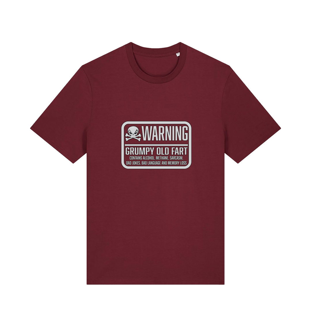 burgundy retirement t-shirt with the slogan 'warning grumpy old man'