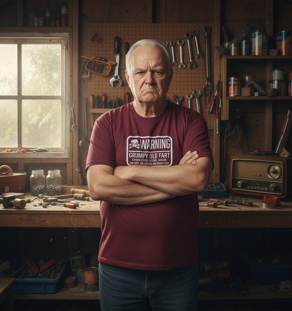 Man wearing a t-shirt with a humorous message in a workshop setting