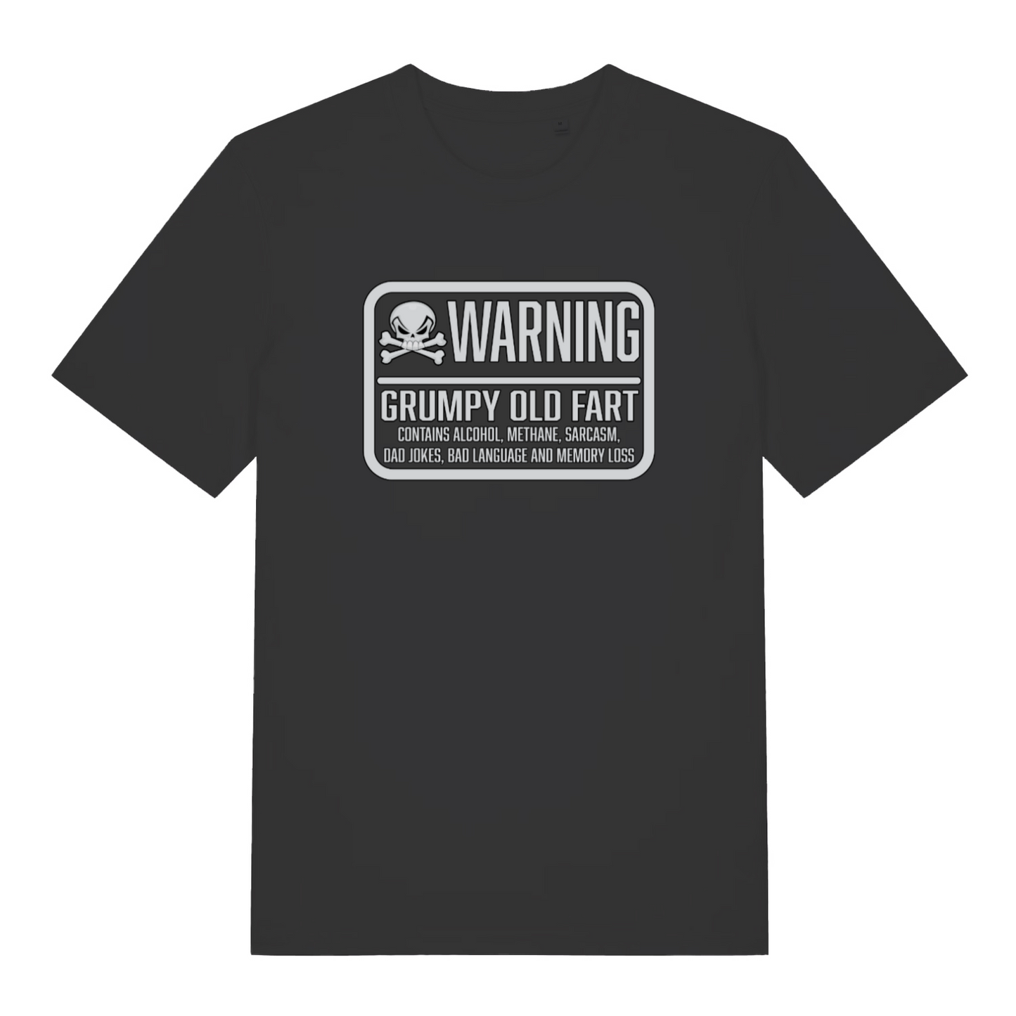 black funny slogan t-shirt with the text 'warning grumpy old fart'