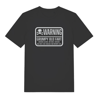 black funny slogan t-shirt with the text 'warning grumpy old fart'