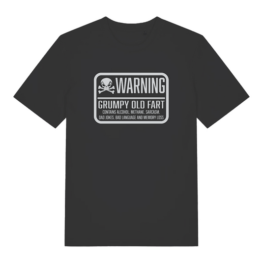 black funny slogan t-shirt with the text 'warning grumpy old fart'