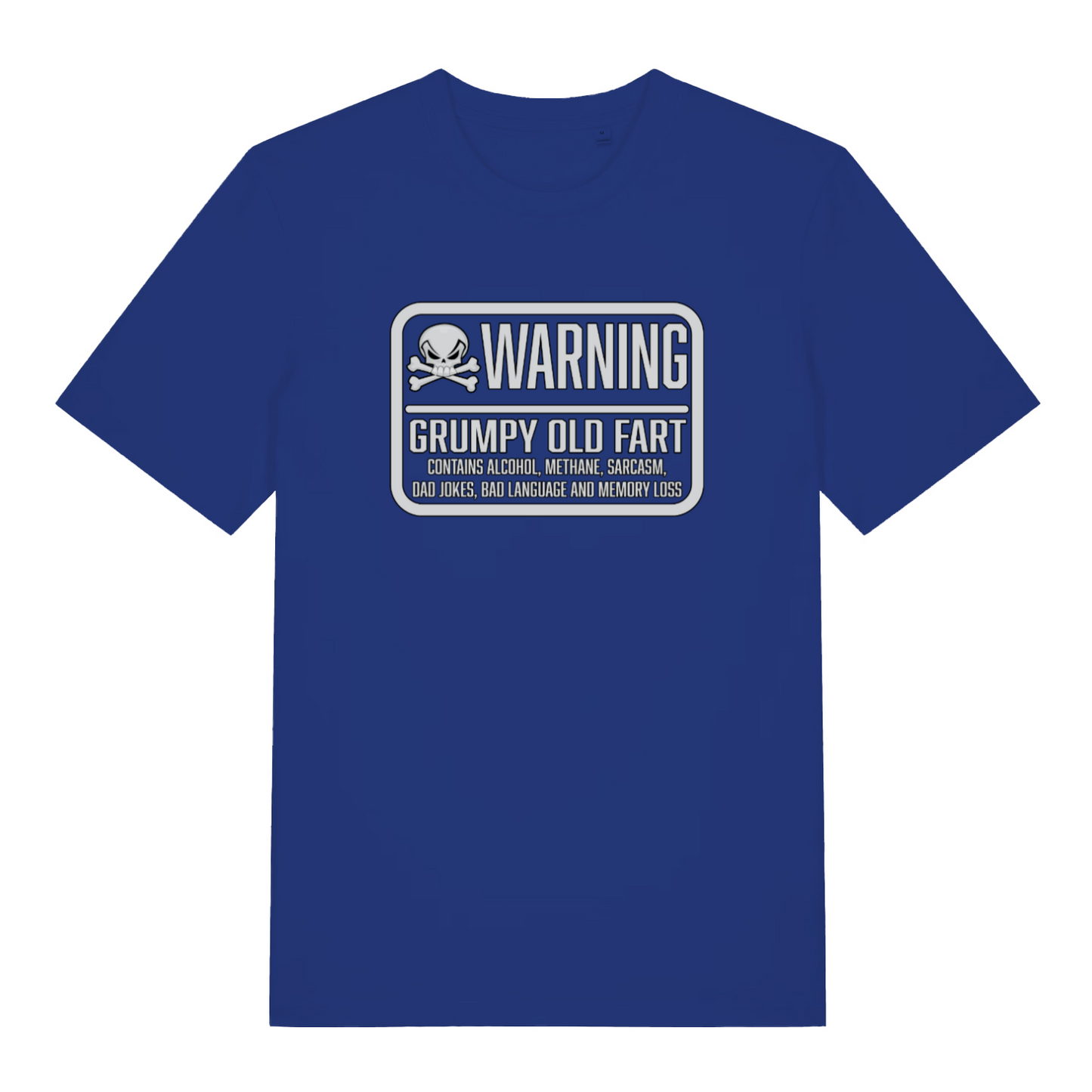 blue funny slogan t-shirt with the text 'warning grumpy old fart'