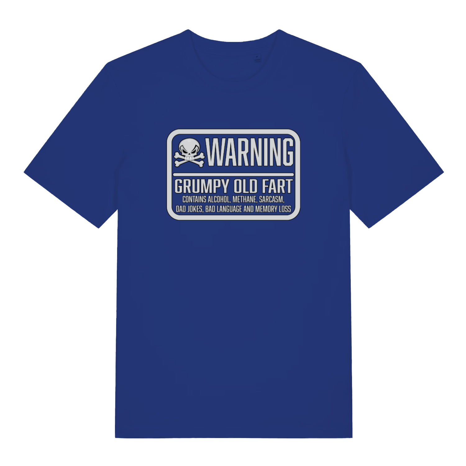 blue funny slogan t-shirt with the text 'warning grumpy old fart'