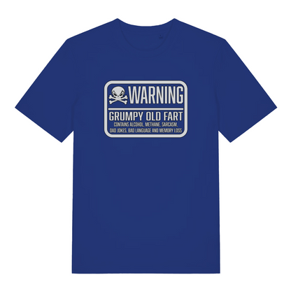 blue funny slogan t-shirt with the text 'warning grumpy old fart'