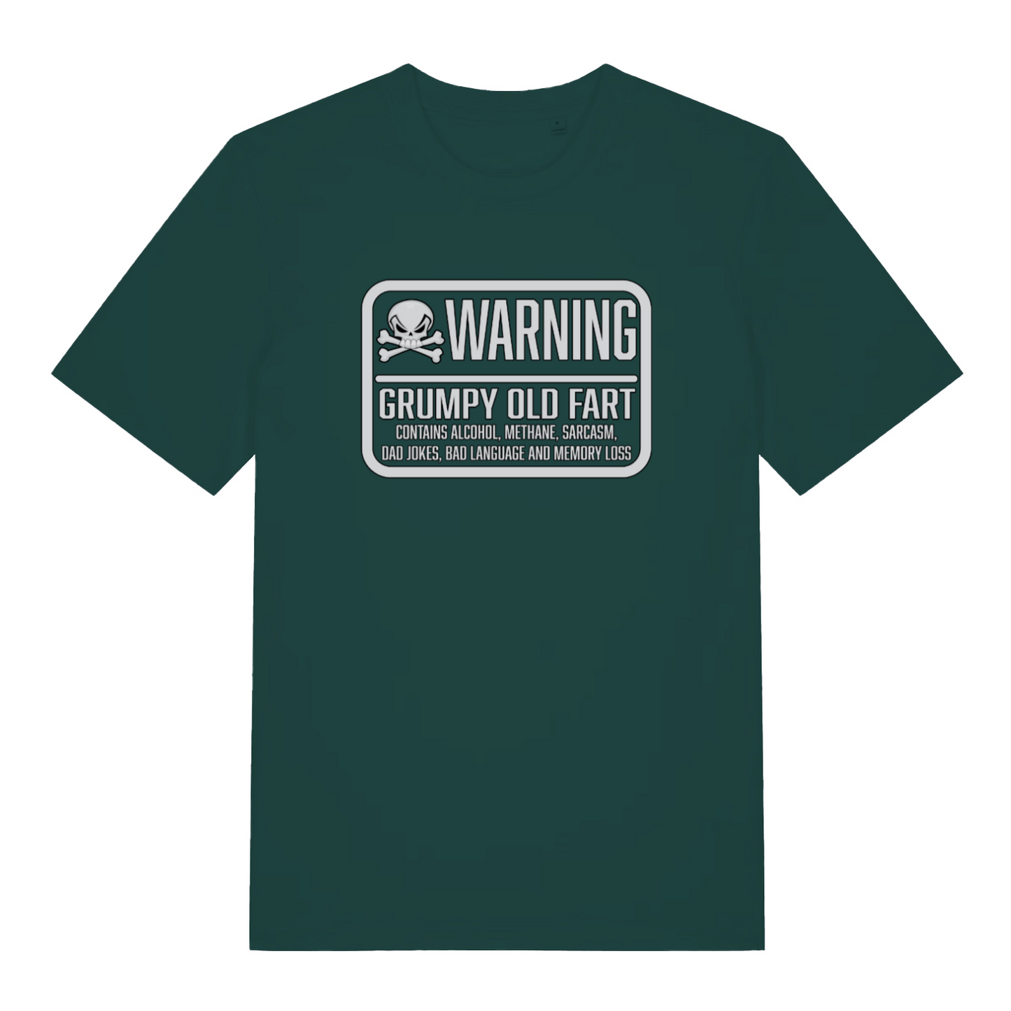 green funny slogan t-shirt with the text 'warning grumpy old fart'