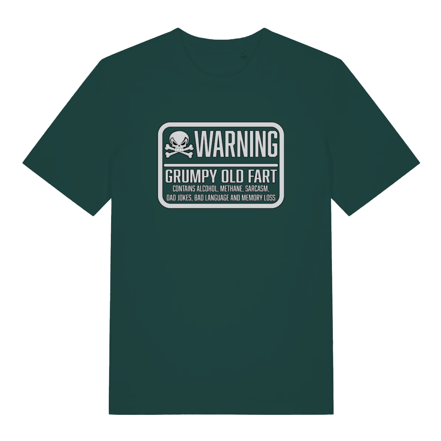 green funny slogan t-shirt with the text 'warning grumpy old fart'