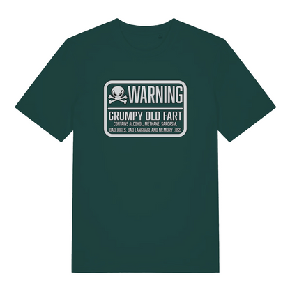 green funny slogan t-shirt with the text 'warning grumpy old fart'