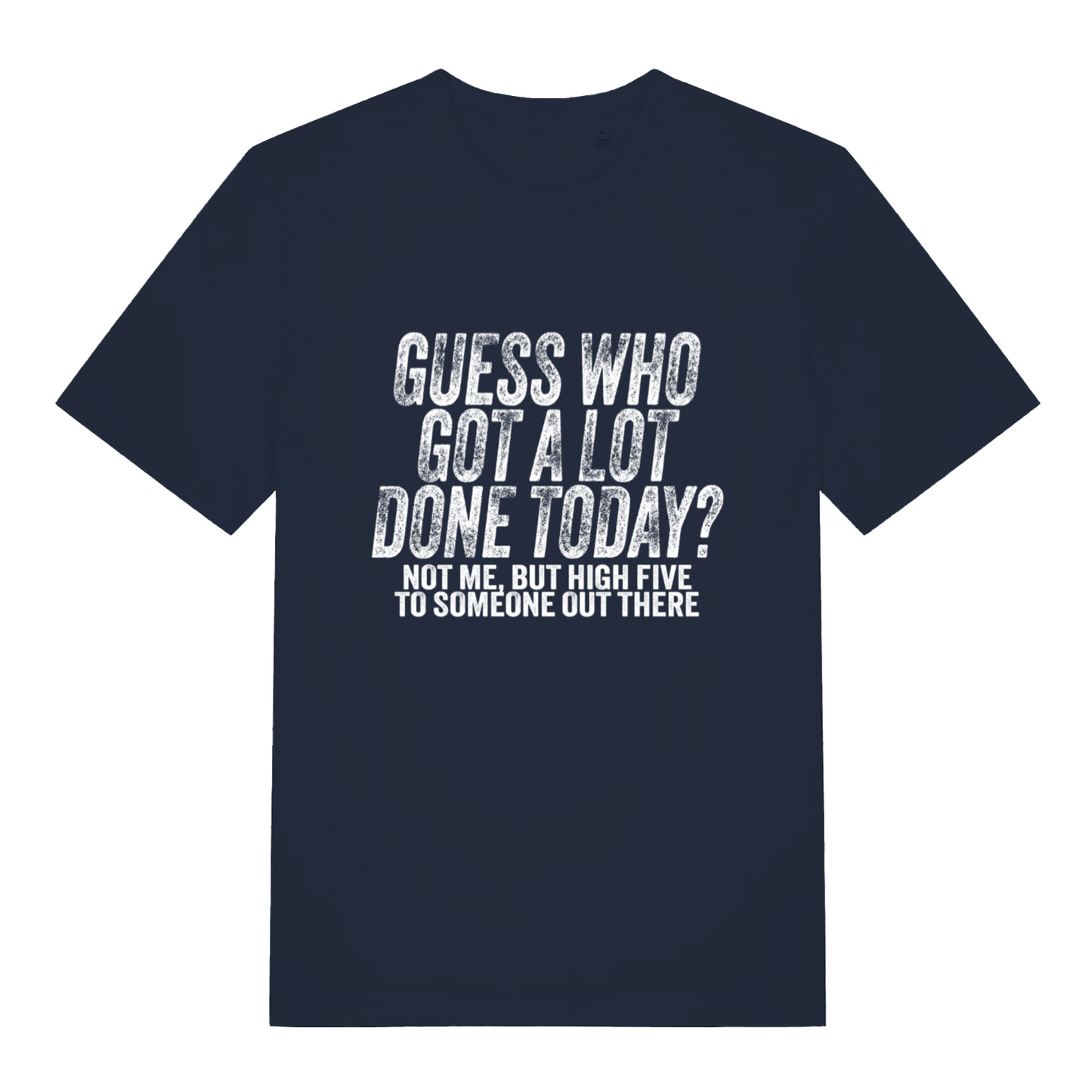 French Navy women's Guess Who T-shirt flat lay showing "high five to someone out there" relatable text