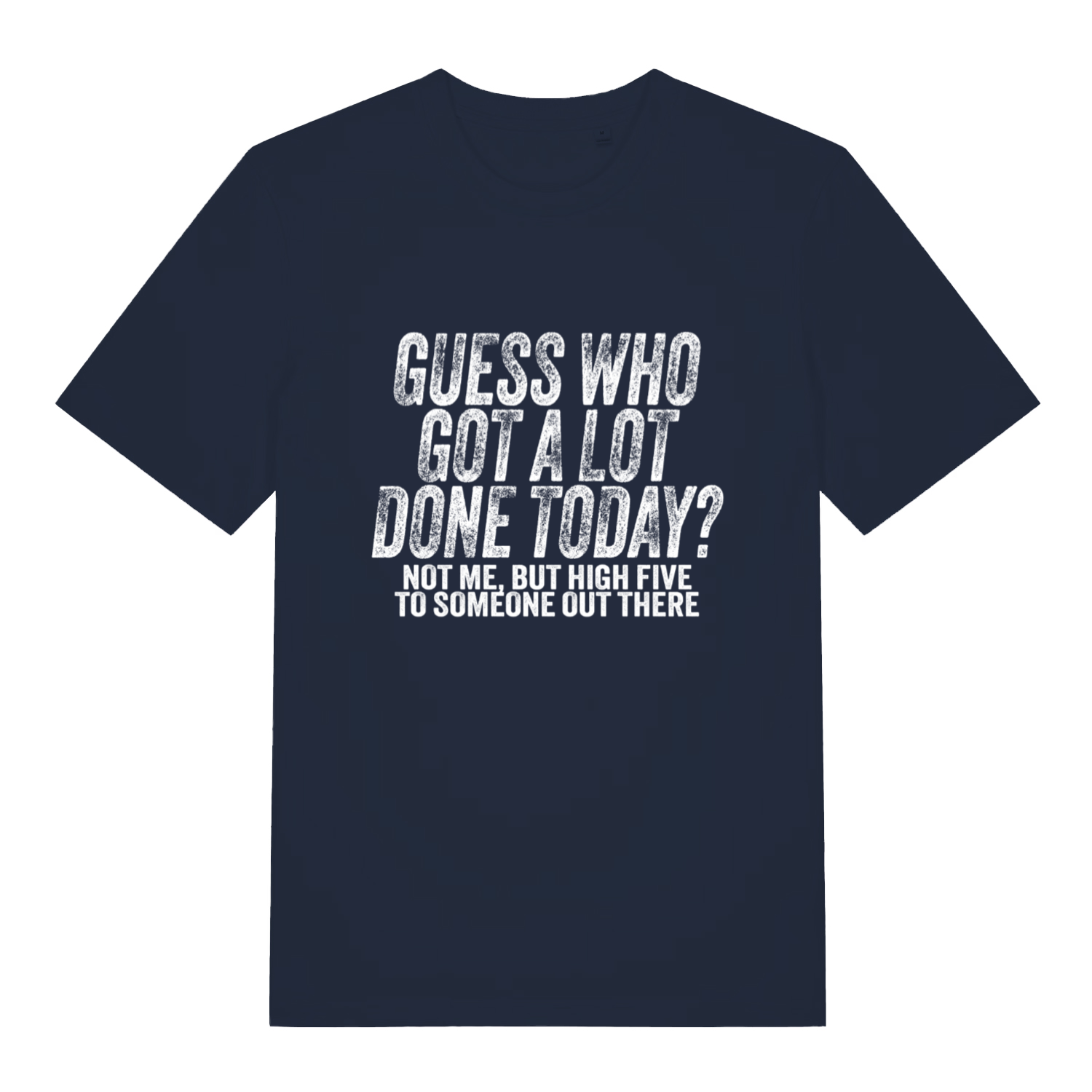 French Navy women's Guess Who T-shirt flat lay showing "high five to someone out there" relatable text