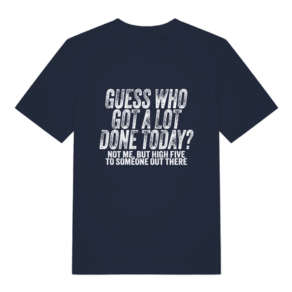 French Navy women's Guess Who T-shirt flat lay showing "high five to someone out there" relatable text
