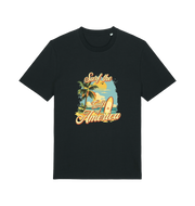 black funny t-shirt with the graphic of a surf board on a beach and the slogan 'surf the gulf of america'