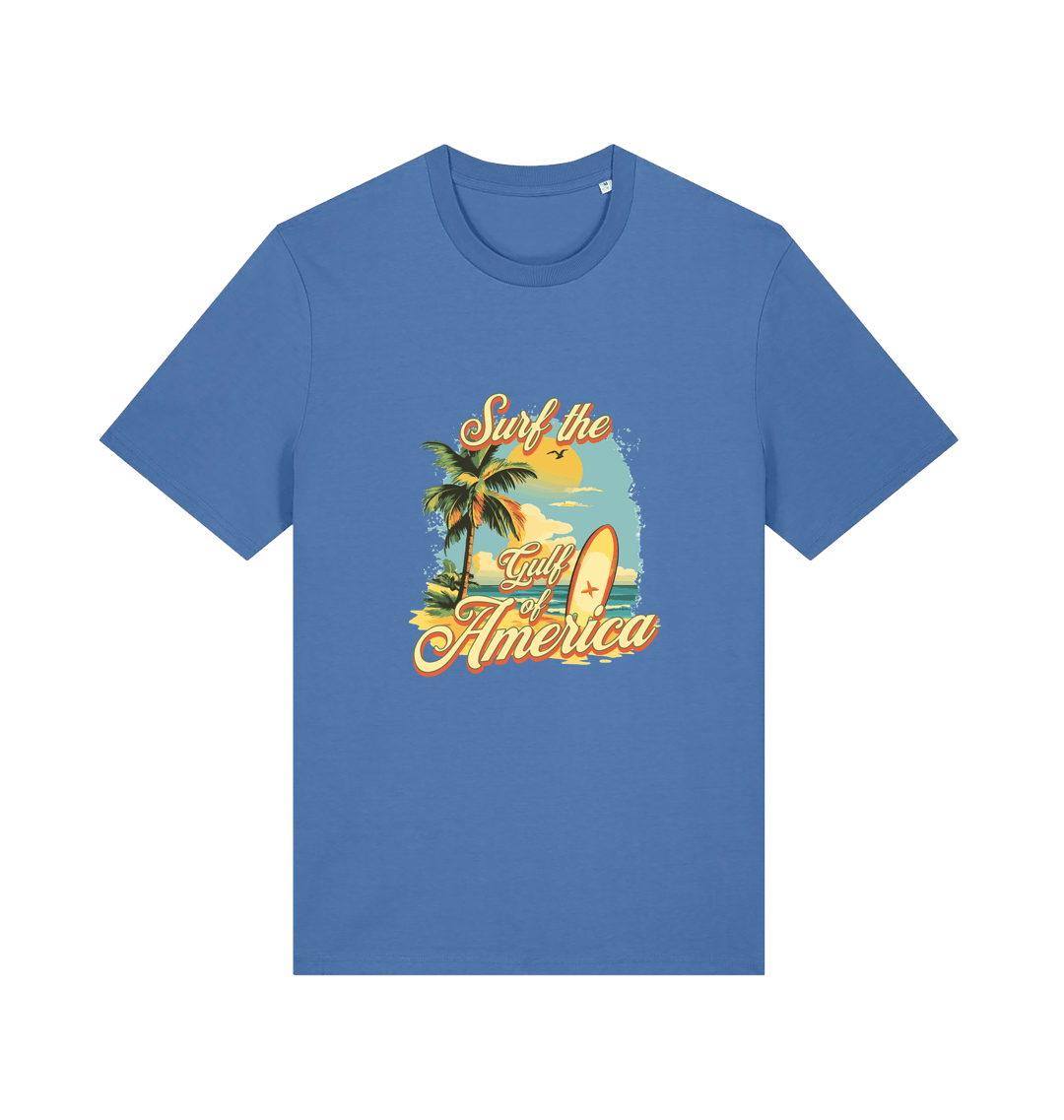 blue funny t-shirt with the graphic of a surf board on a beach and the slogan 'surf the gulf of america'