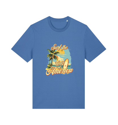 blue funny t-shirt with the graphic of a surf board on a beach and the slogan 'surf the gulf of america'