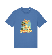blue funny t-shirt with the graphic of a surf board on a beach and the slogan 'surf the gulf of america'