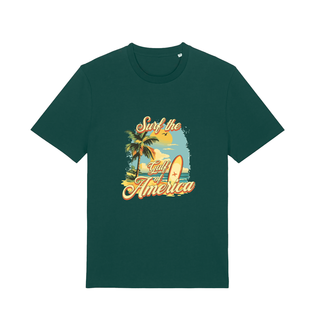 green funny t-shirt with the graphic of a surf board on a beach and the slogan 'surf the gulf of america'