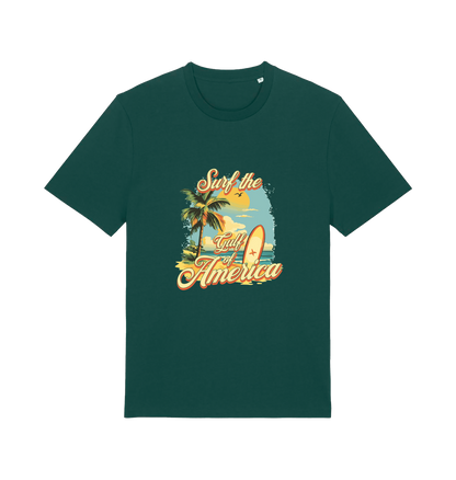 green funny t-shirt with the graphic of a surf board on a beach and the slogan 'surf the gulf of america'