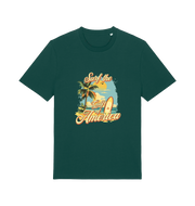 green funny t-shirt with the graphic of a surf board on a beach and the slogan 'surf the gulf of america'