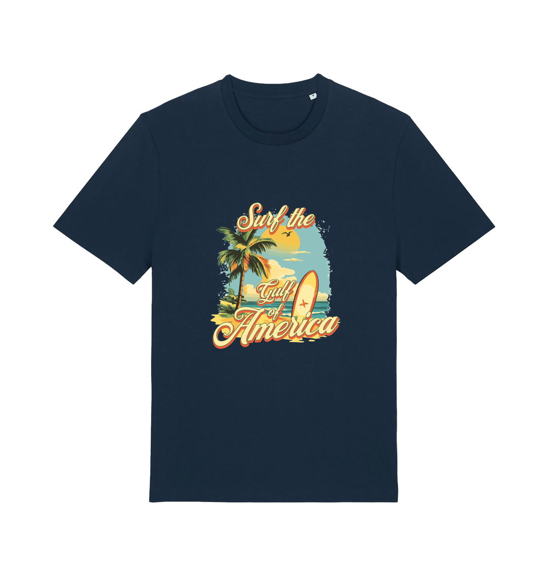 navy funny t-shirt with the graphic of a surf board on a beach and the slogan 'surf the gulf of america'