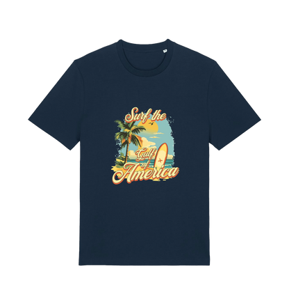 navy funny t-shirt with the graphic of a surf board on a beach and the slogan 'surf the gulf of america'