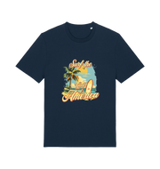 navy funny t-shirt with the graphic of a surf board on a beach and the slogan 'surf the gulf of america'