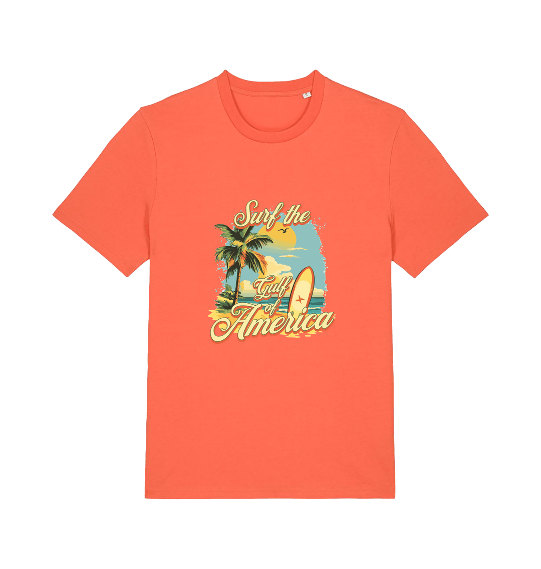 orange funny t-shirt with the graphic of a surf board on a beach and the slogan 'surf the gulf of america'
