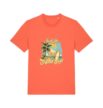 orange funny t-shirt with the graphic of a surf board on a beach and the slogan 'surf the gulf of america'