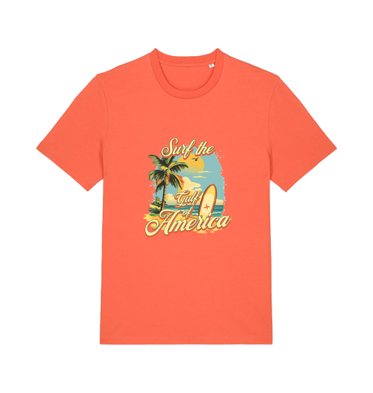 orange funny t-shirt with the graphic of a surf board on a beach and the slogan 'surf the gulf of america'