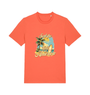 orange funny t-shirt with the graphic of a surf board on a beach and the slogan 'surf the gulf of america'