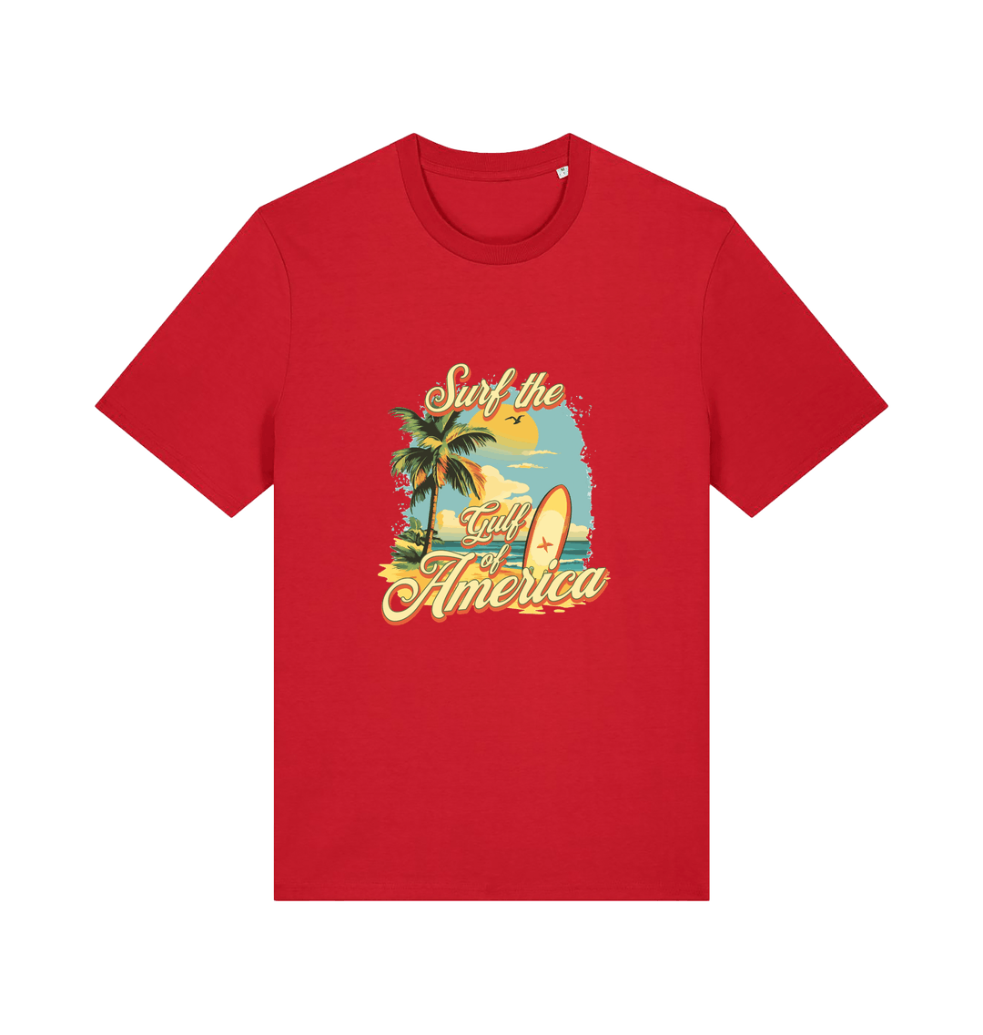 red funny t-shirt with the graphic of a surf board on a beach and the slogan 'surf the gulf of america'