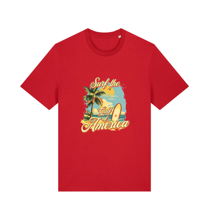 red funny t-shirt with the graphic of a surf board on a beach and the slogan 'surf the gulf of america'