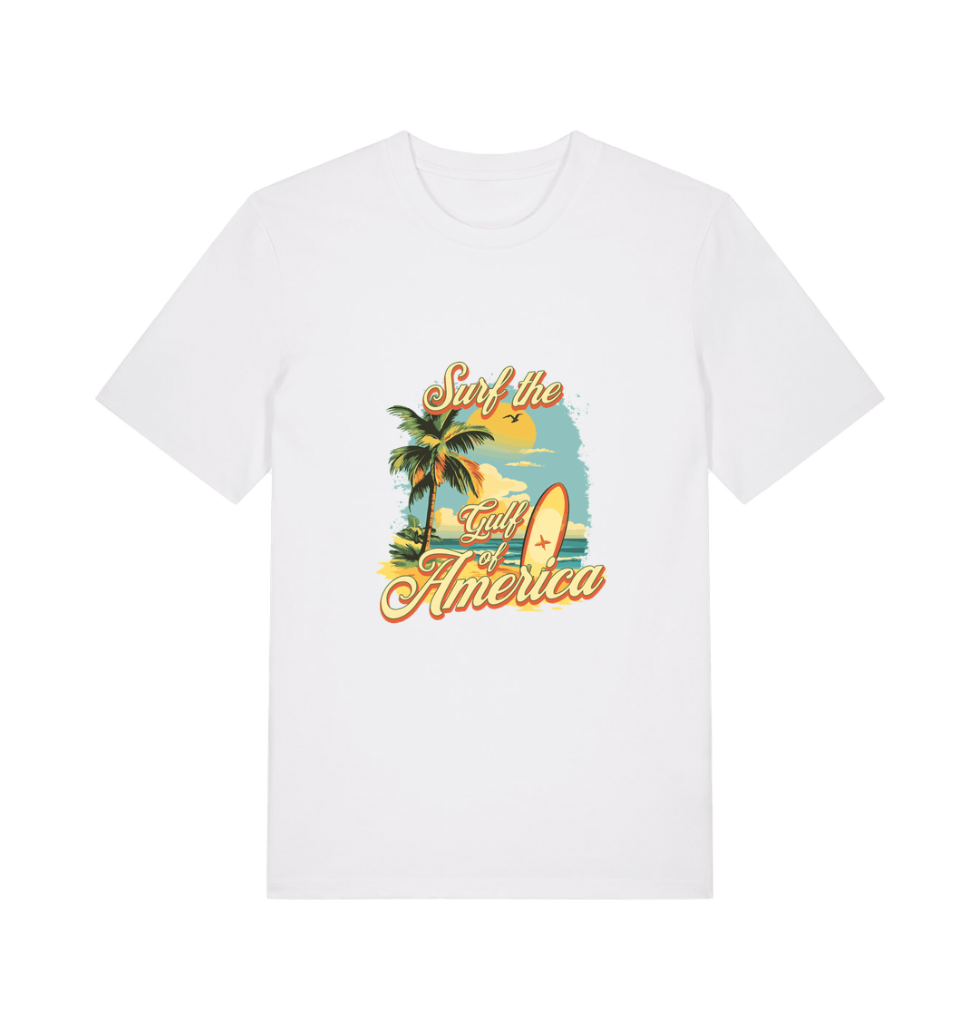white funny t-shirt with the graphic of a surf board on a beach and the slogan 'surf the gulf of america'