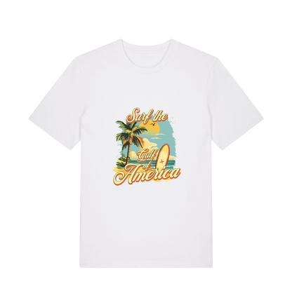 white funny t-shirt with the graphic of a surf board on a beach and the slogan 'surf the gulf of america'