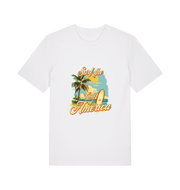 white funny t-shirt with the graphic of a surf board on a beach and the slogan 'surf the gulf of america'