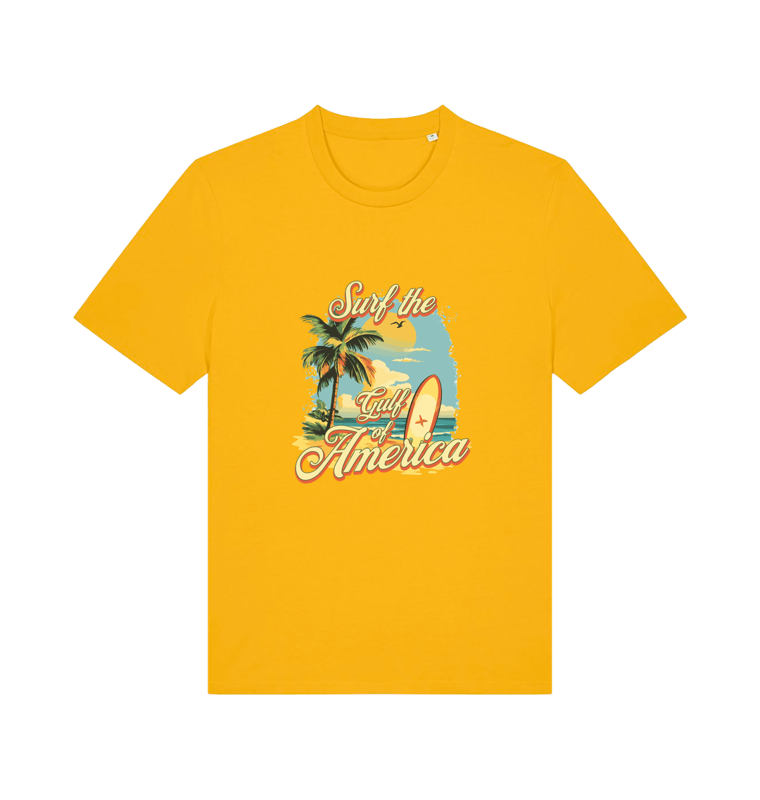 yellow funny t-shirt with the graphic of a surf board on a beach and the slogan 'surf the gulf of america'