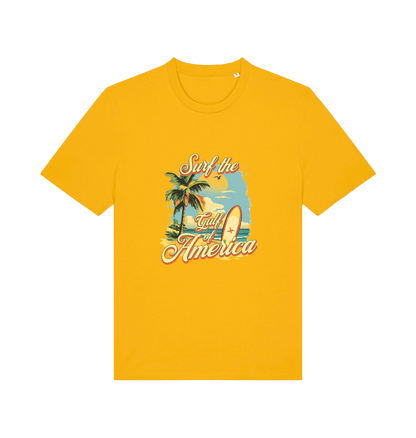 yellow funny t-shirt with the graphic of a surf board on a beach and the slogan 'surf the gulf of america'