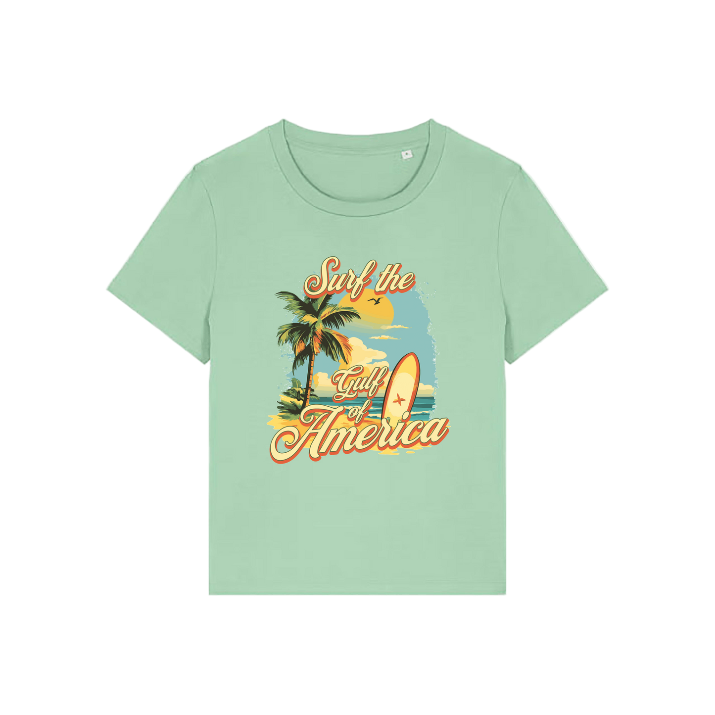 green funny t-shirt with a tropical graphic and the slogan 'gulf of america'